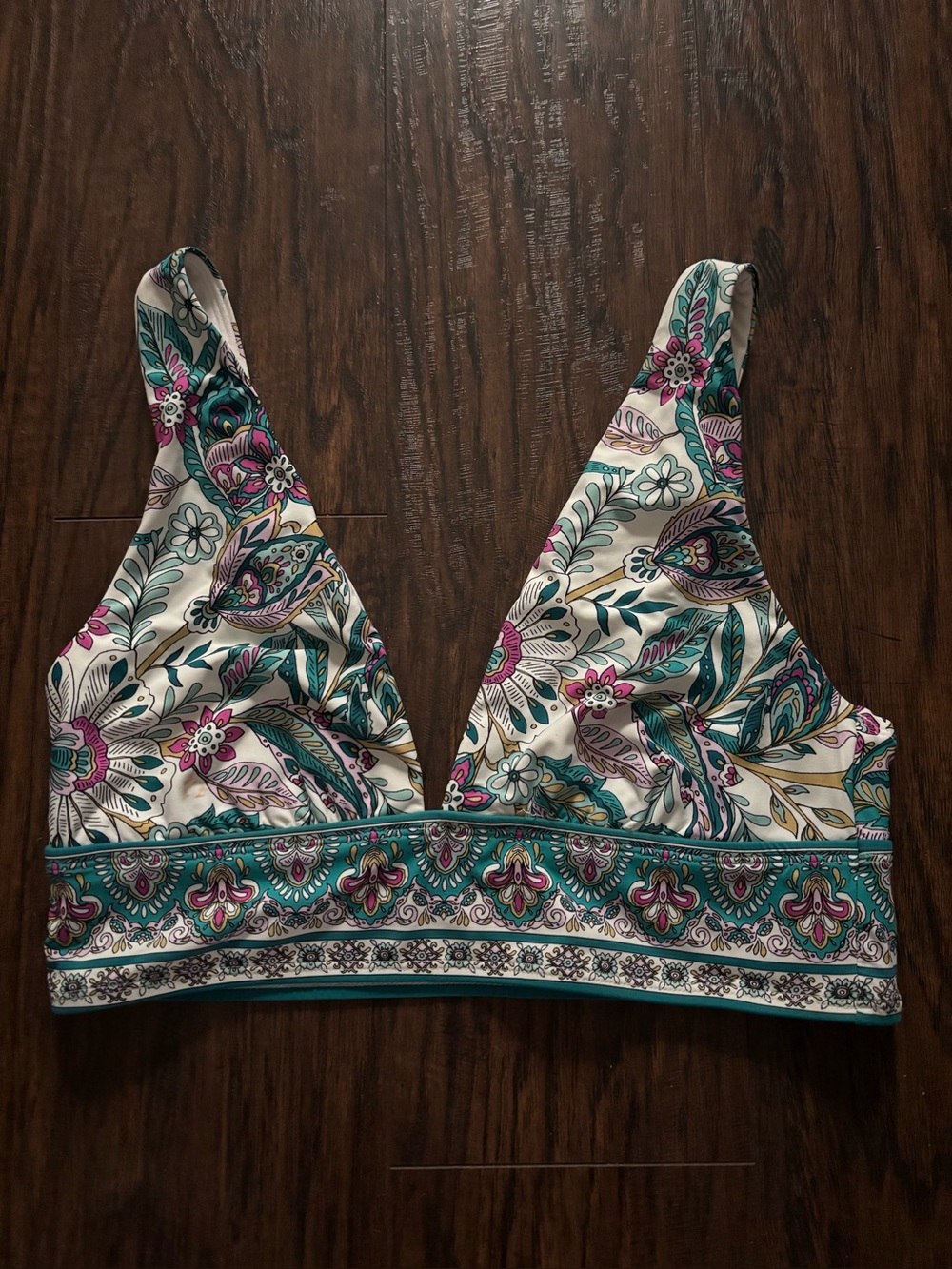 Floral Print V-Neck Swim Bodysuit Top in Teal and Purple